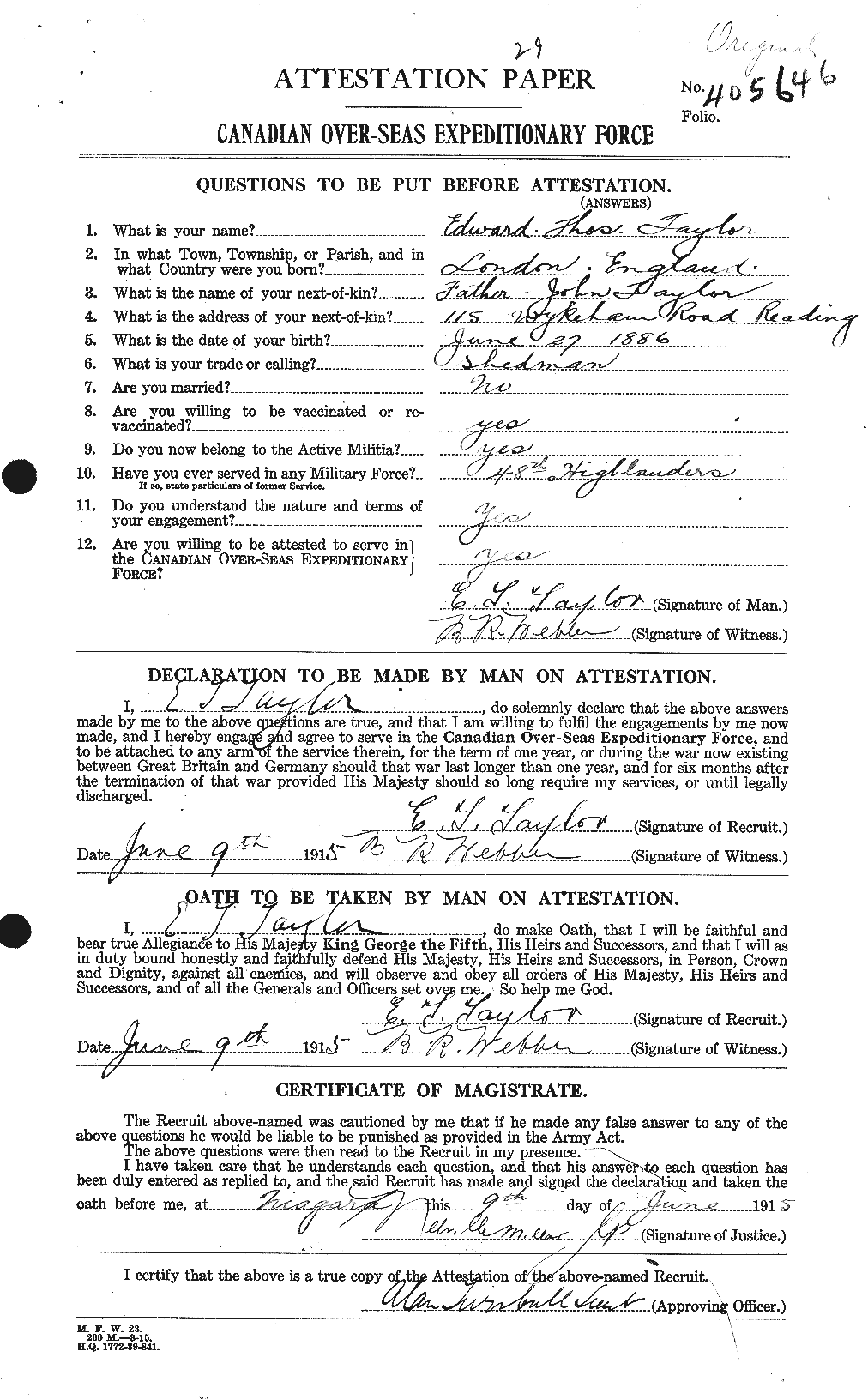 Dossiers du Personnel de la Première Guerre mondiale - CEC 627328a