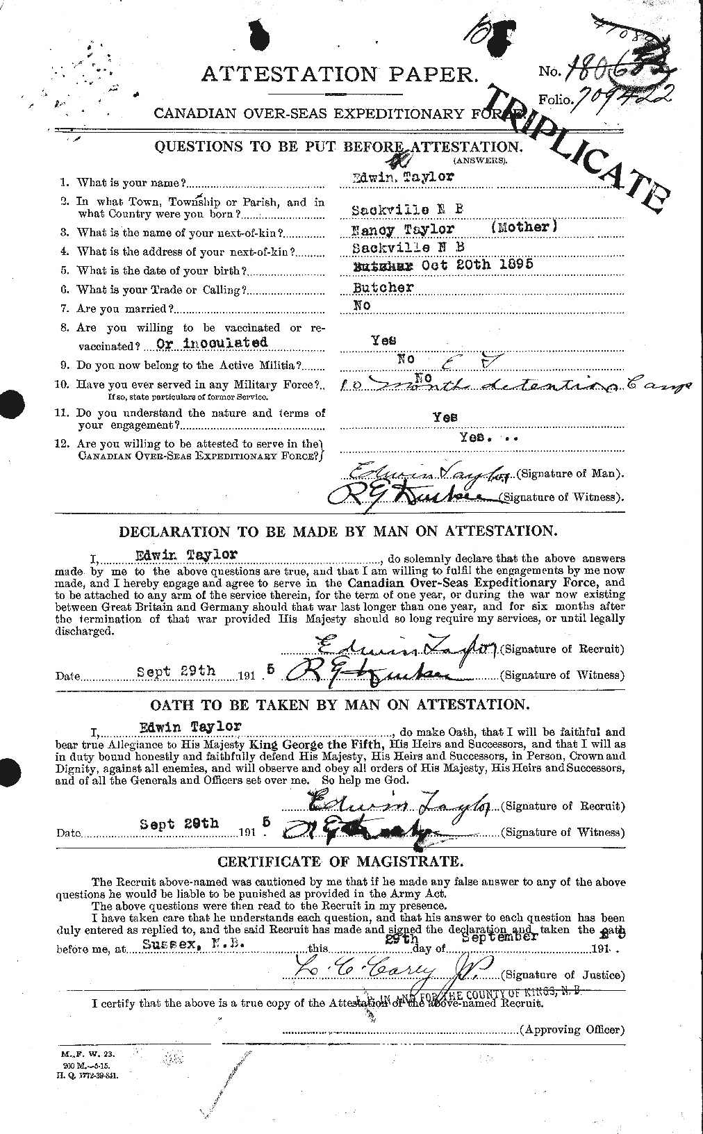 Dossiers du Personnel de la Première Guerre mondiale - CEC 627334a