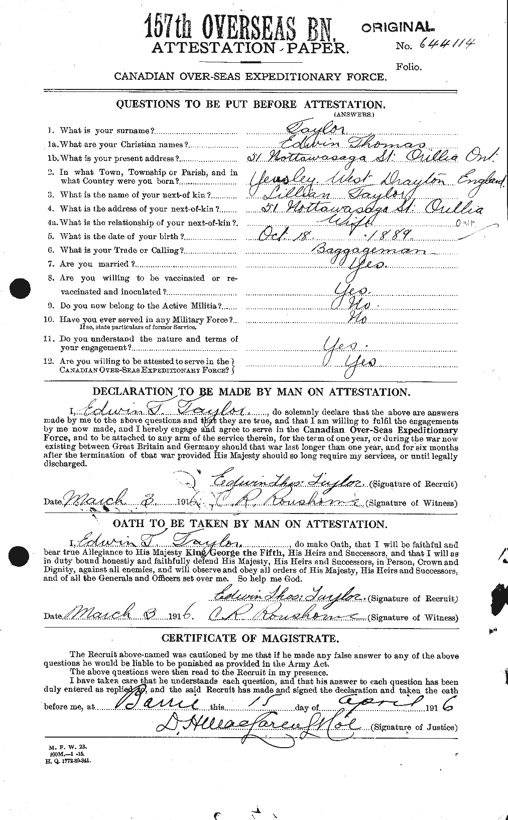 Dossiers du Personnel de la Première Guerre mondiale - CEC 627344a