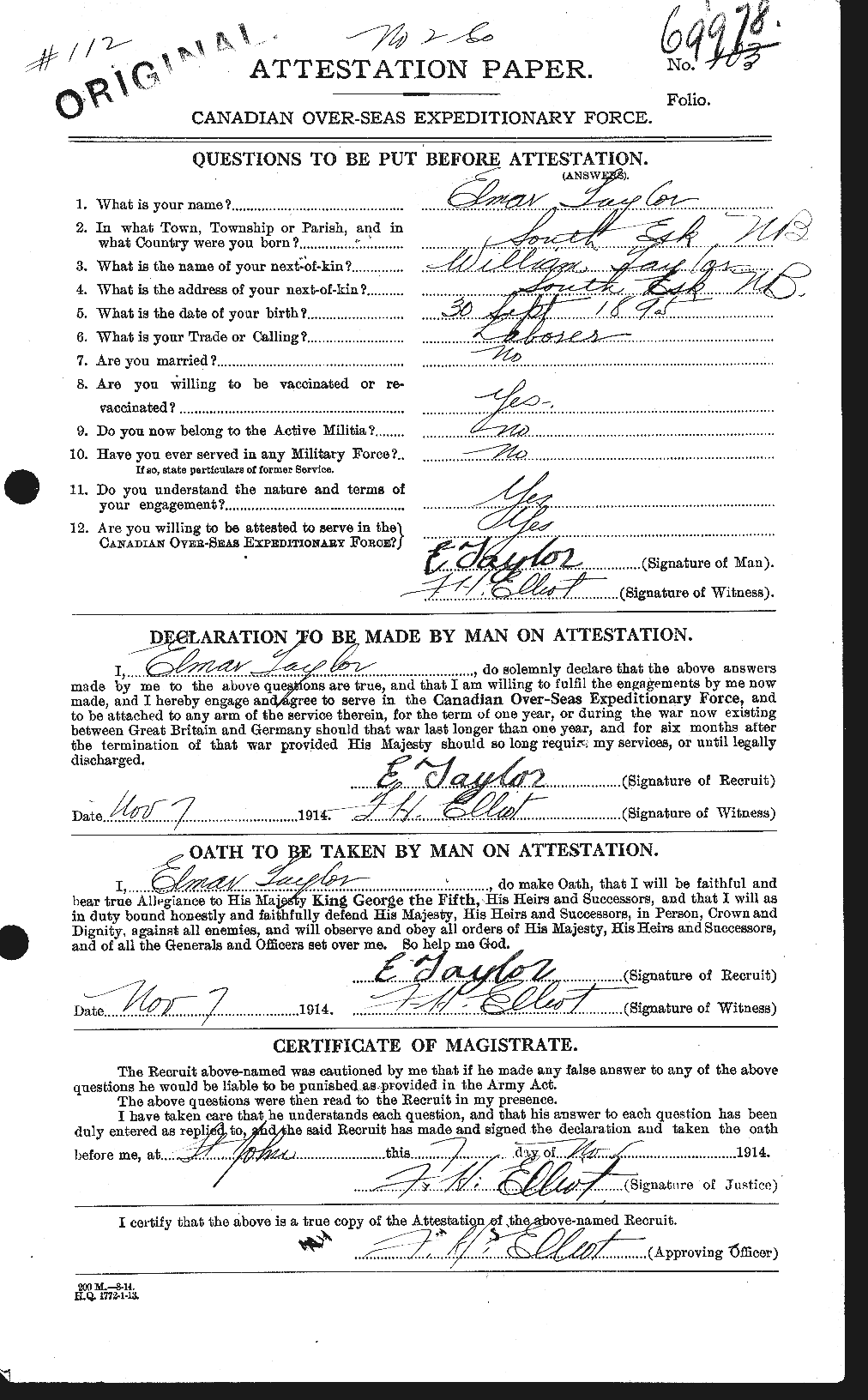 Dossiers du Personnel de la Première Guerre mondiale - CEC 627351a