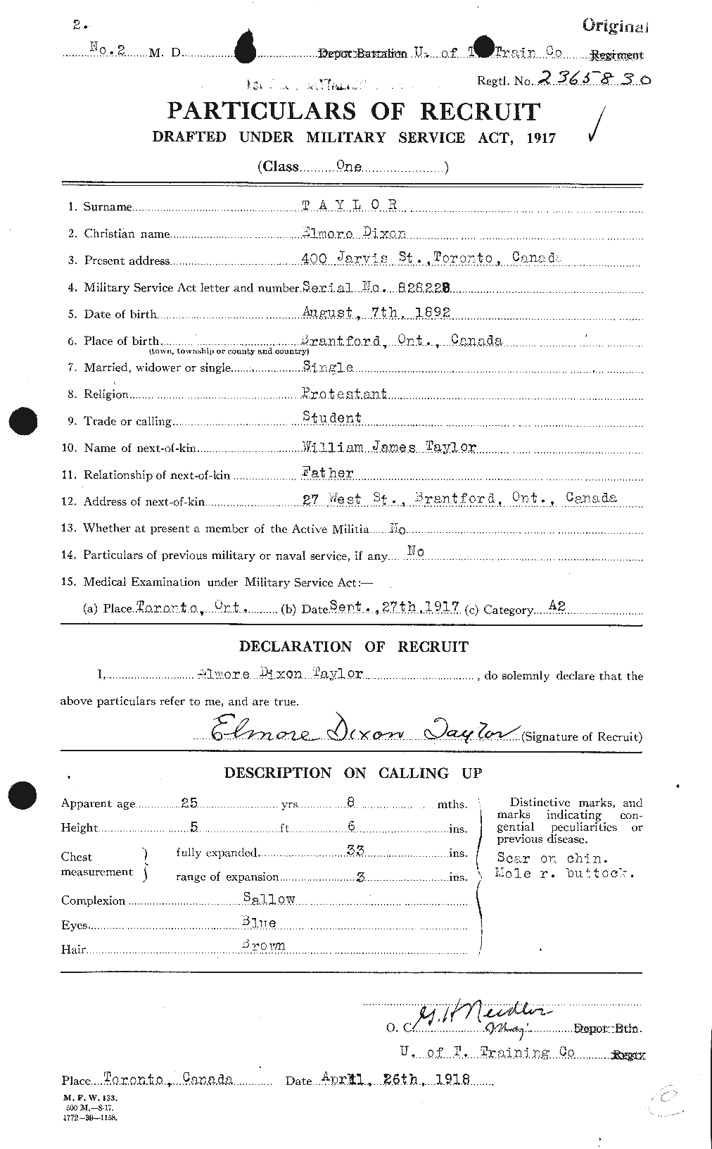 Dossiers du Personnel de la Première Guerre mondiale - CEC 627354a