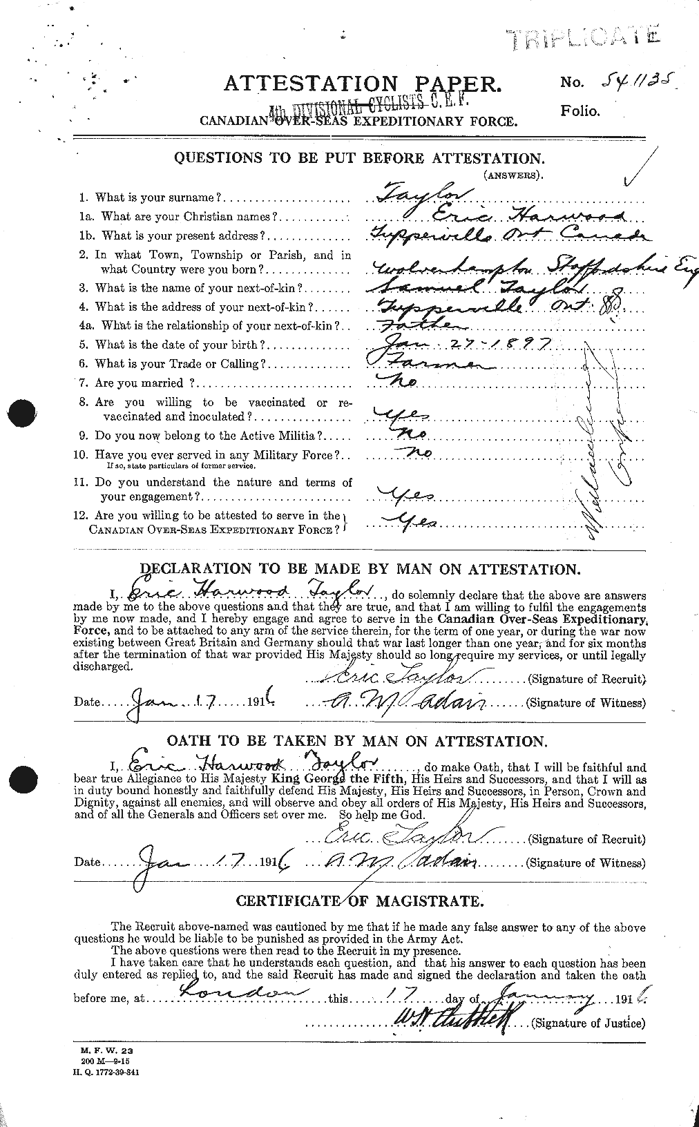 Dossiers du Personnel de la Première Guerre mondiale - CEC 627365a