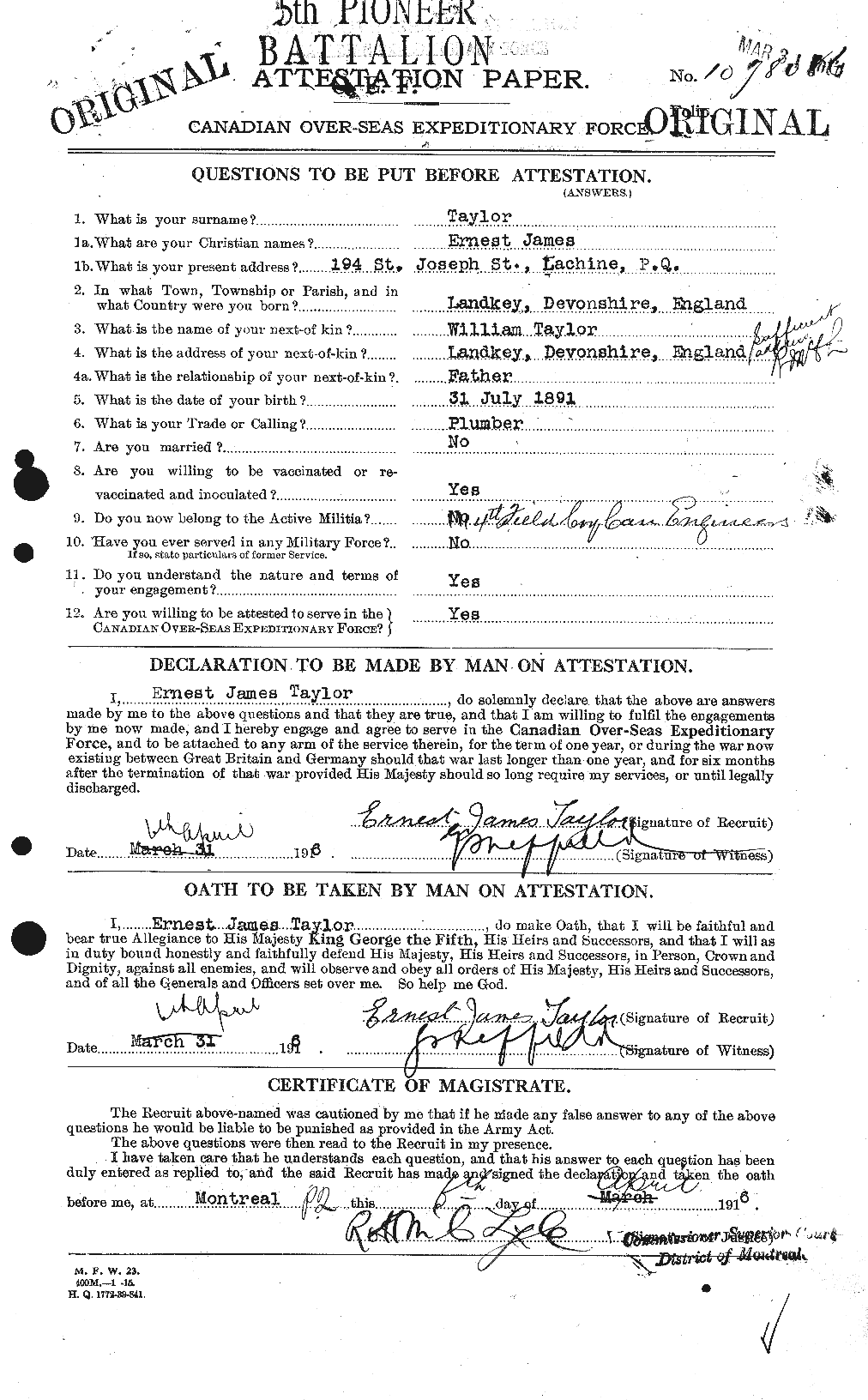 Dossiers du Personnel de la Première Guerre mondiale - CEC 627395a