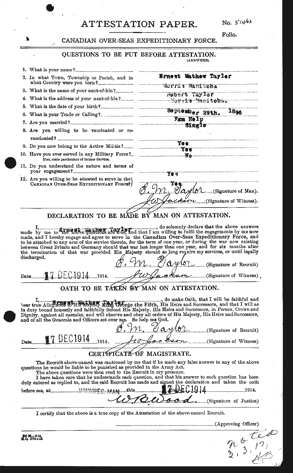 Dossiers du Personnel de la Première Guerre mondiale - CEC 627400a