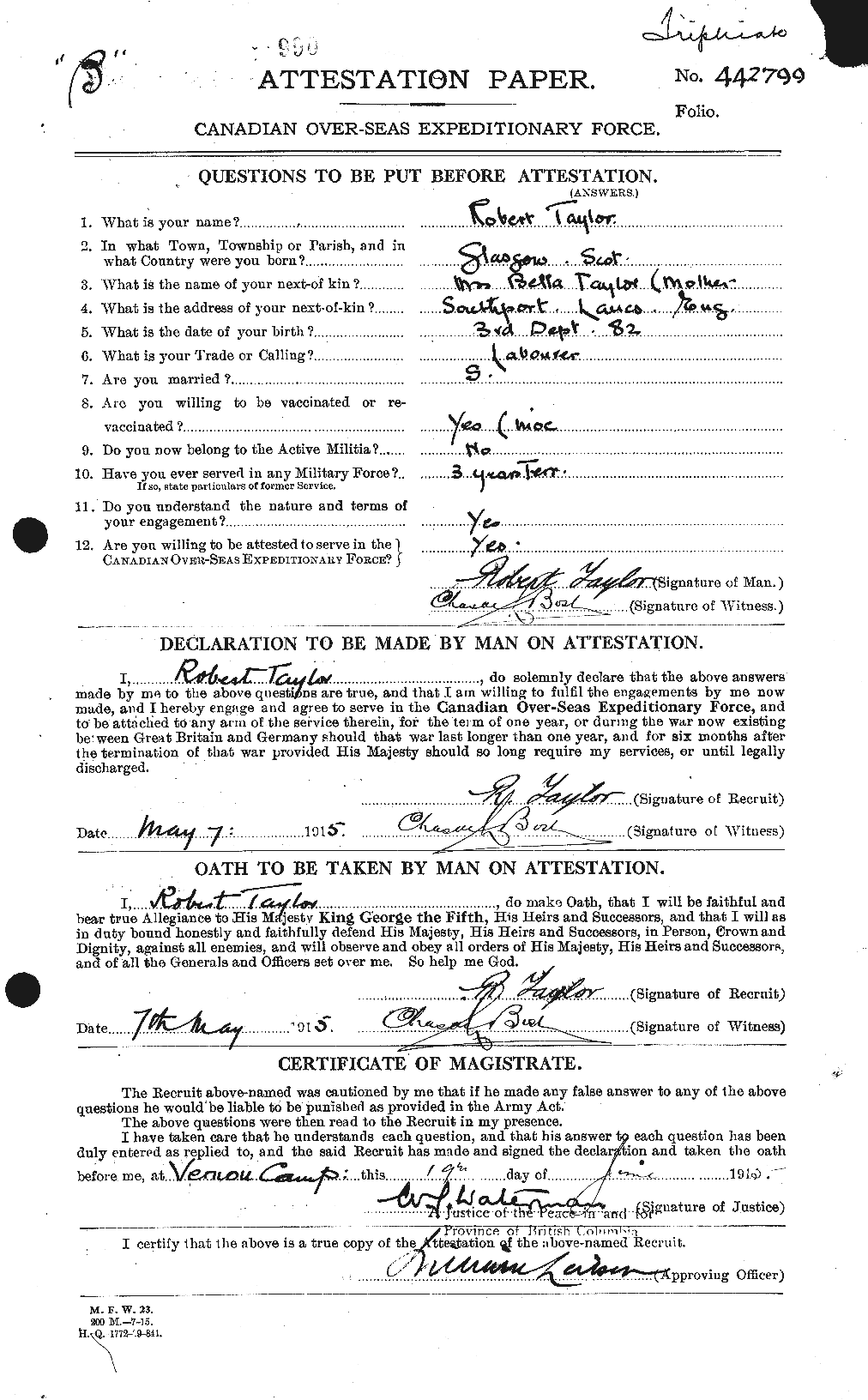 Dossiers du Personnel de la Première Guerre mondiale - CEC 627425a