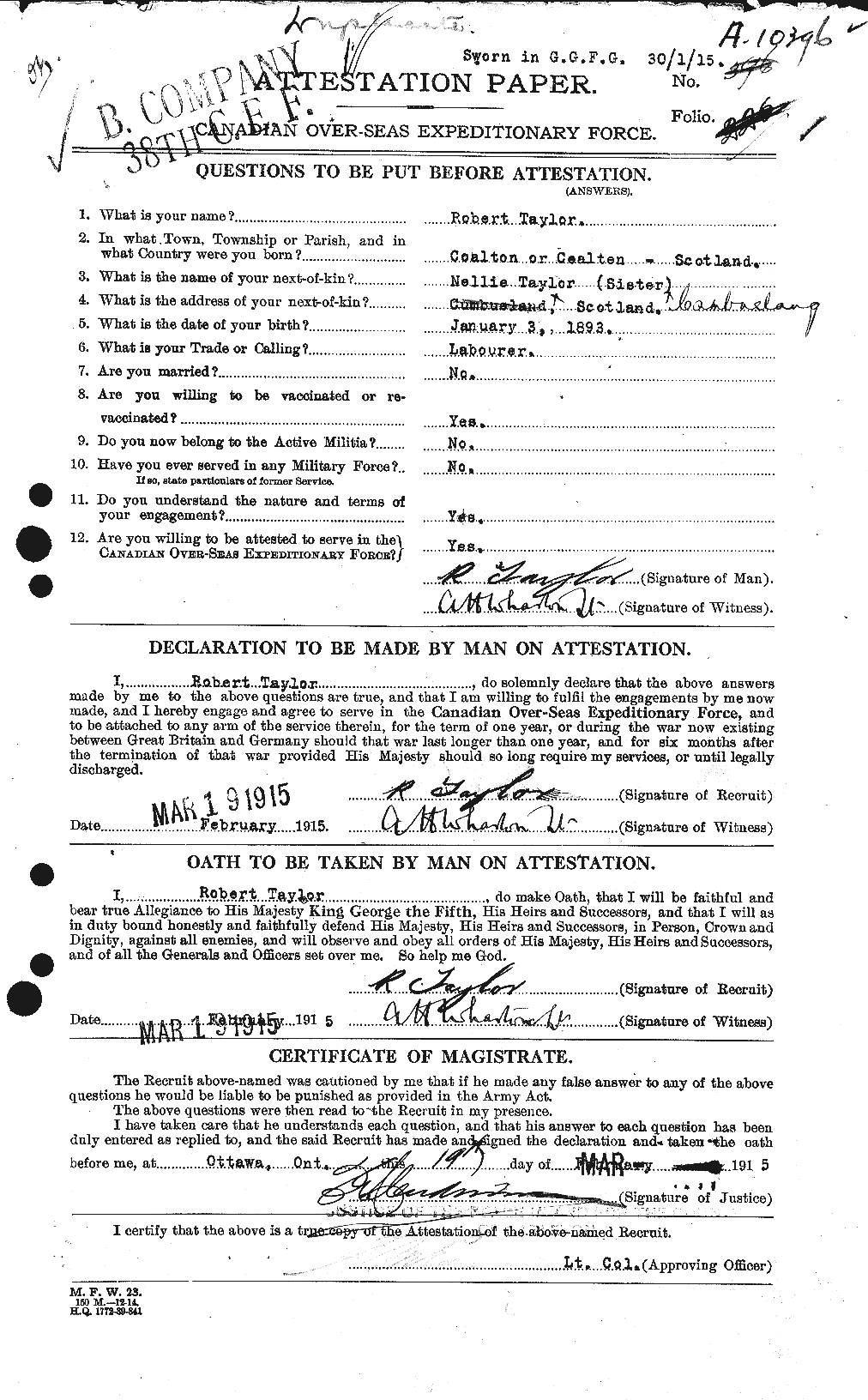 Dossiers du Personnel de la Première Guerre mondiale - CEC 627426a