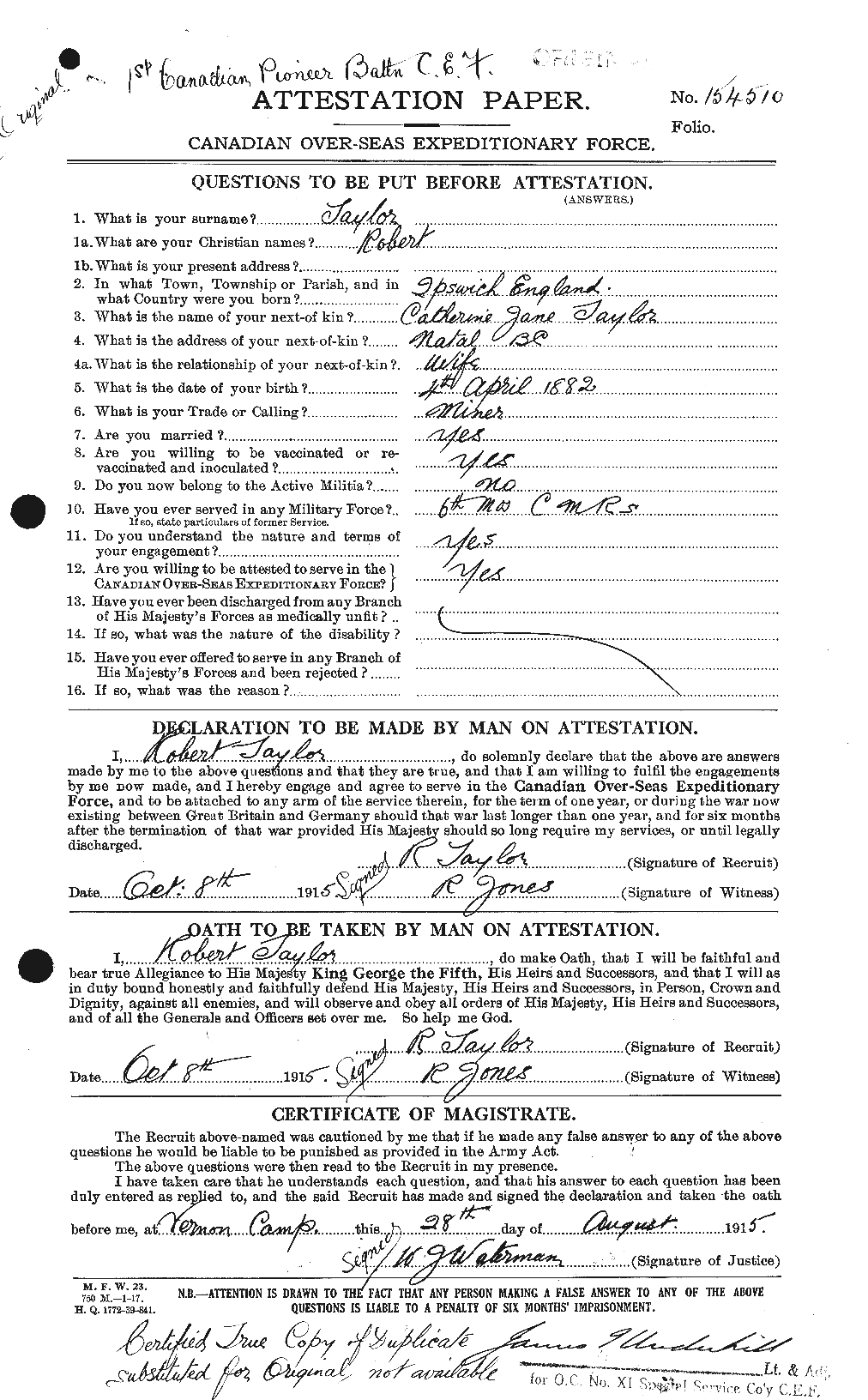 Dossiers du Personnel de la Première Guerre mondiale - CEC 627446a