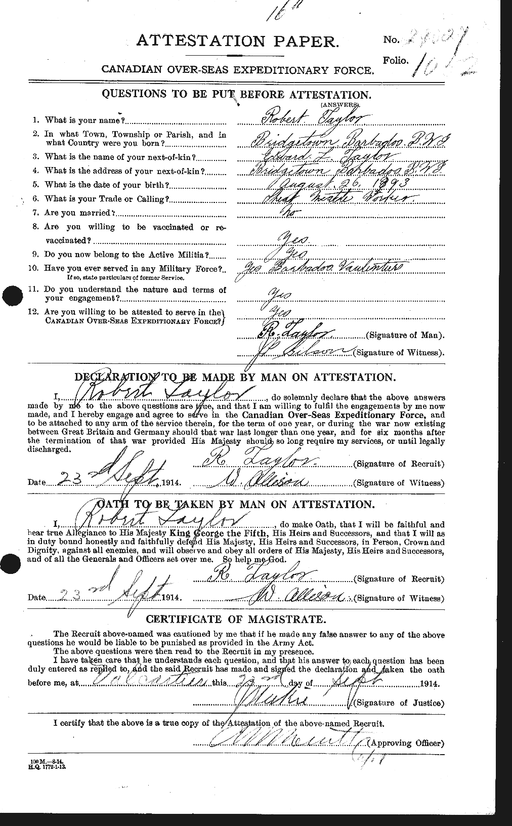 Dossiers du Personnel de la Première Guerre mondiale - CEC 627451a