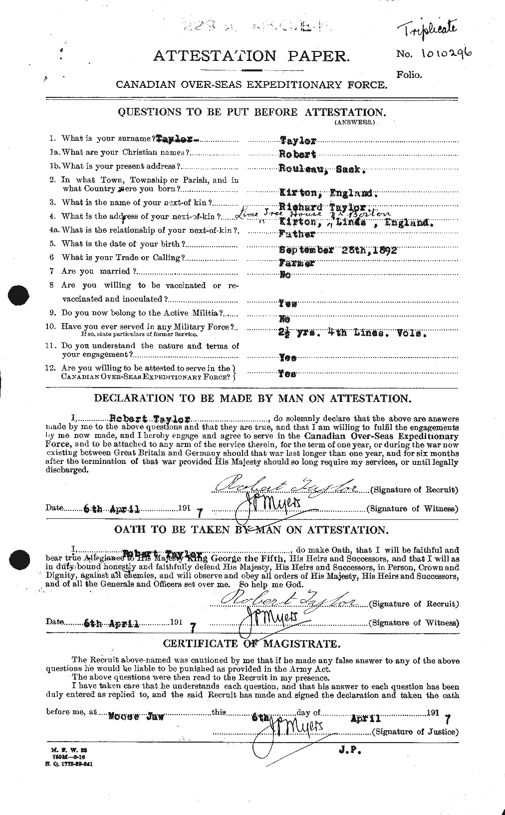 Dossiers du Personnel de la Première Guerre mondiale - CEC 627455a