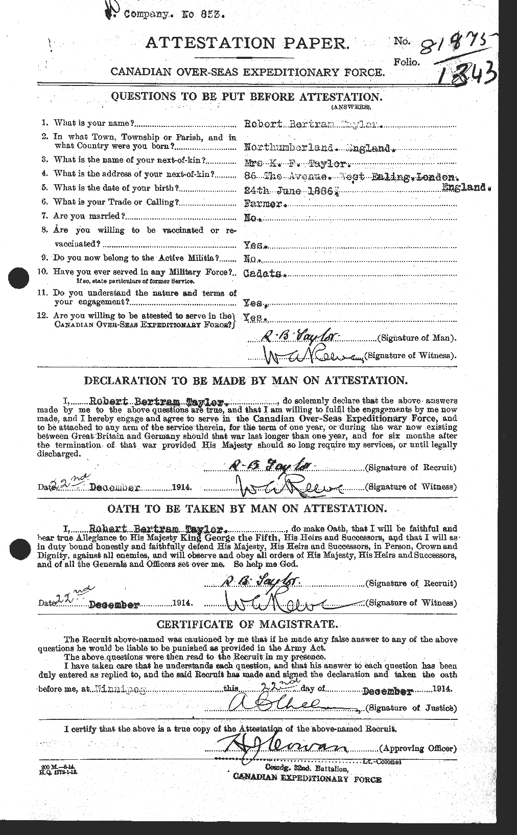 Dossiers du Personnel de la Première Guerre mondiale - CEC 627461a