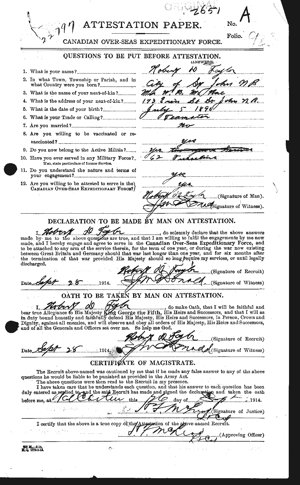 Dossiers du Personnel de la Première Guerre mondiale - CEC 627468a