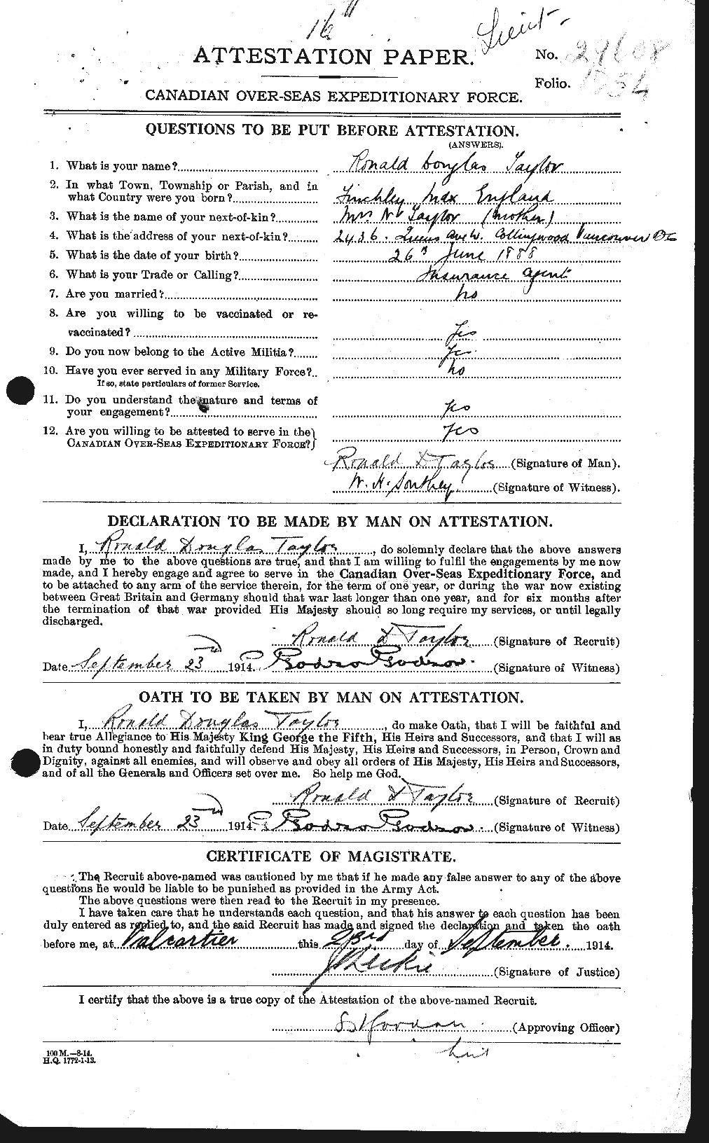 Dossiers du Personnel de la Première Guerre mondiale - CEC 627509a