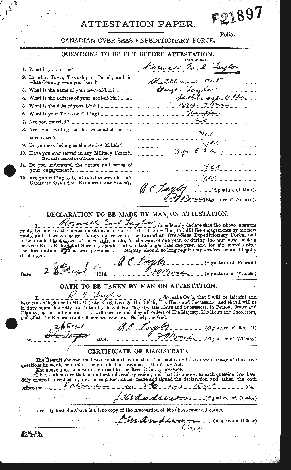 Dossiers du Personnel de la Première Guerre mondiale - CEC 627517a