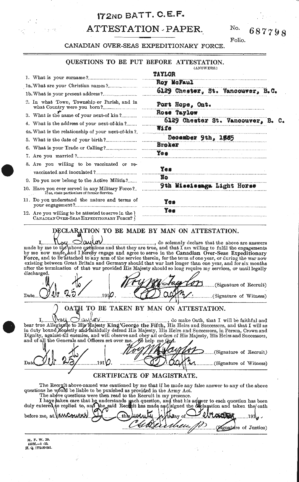 Dossiers du Personnel de la Première Guerre mondiale - CEC 627533a