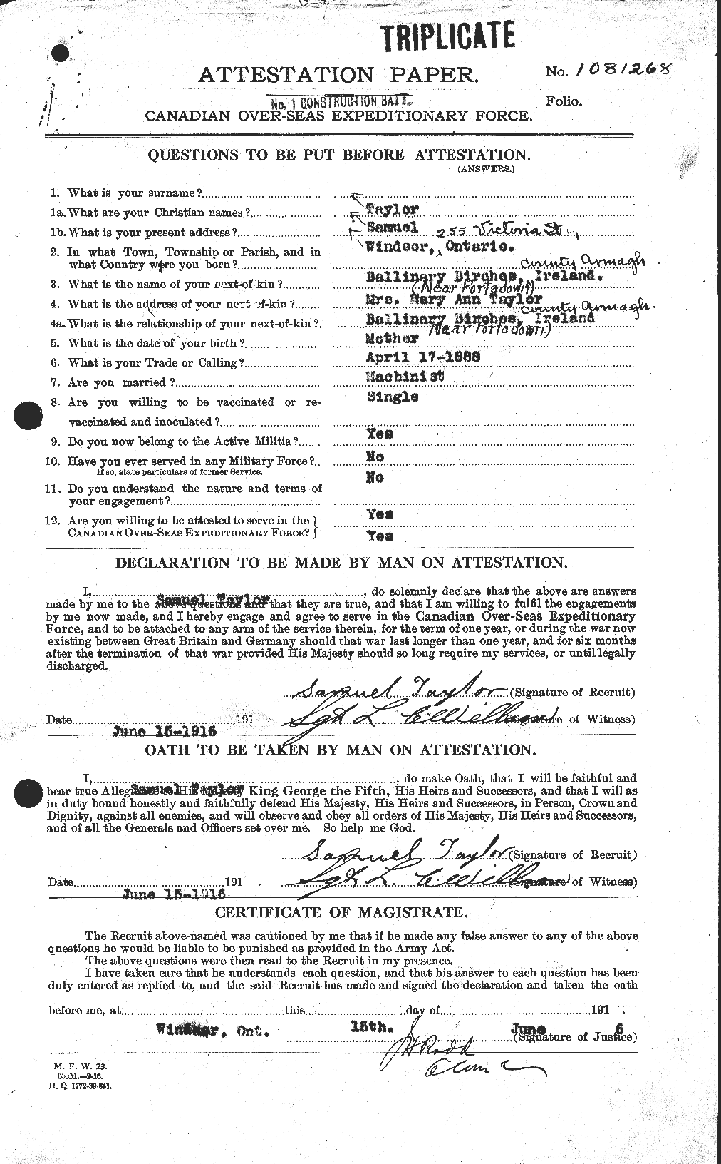 Dossiers du Personnel de la Première Guerre mondiale - CEC 627550a