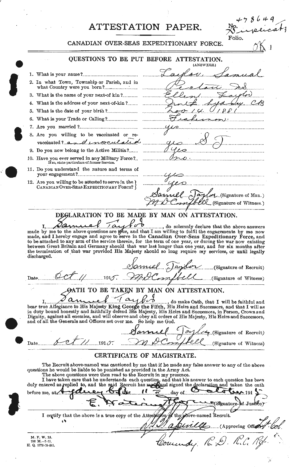 Dossiers du Personnel de la Première Guerre mondiale - CEC 627551a