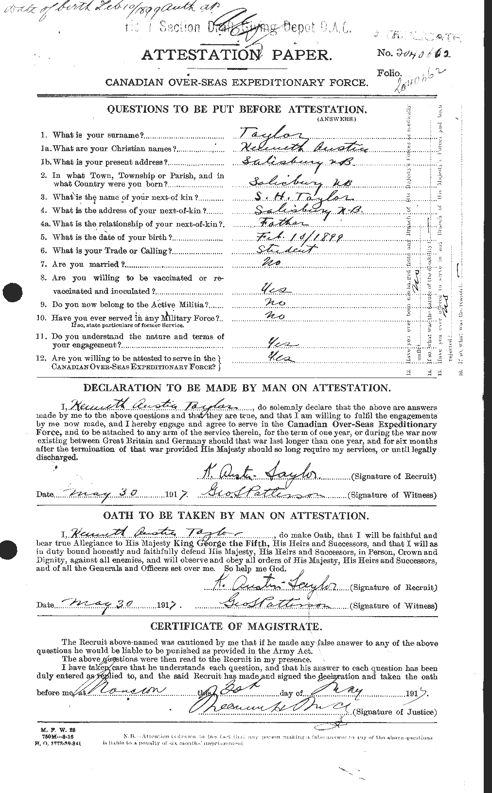 Dossiers du Personnel de la Première Guerre mondiale - CEC 627595a