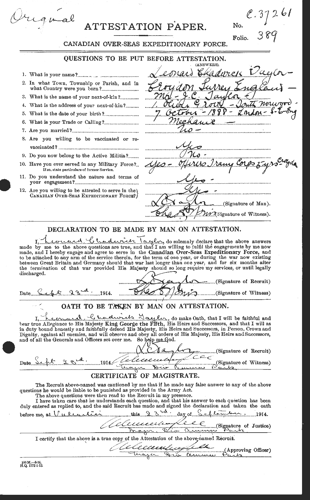 Dossiers du Personnel de la Première Guerre mondiale - CEC 627625a