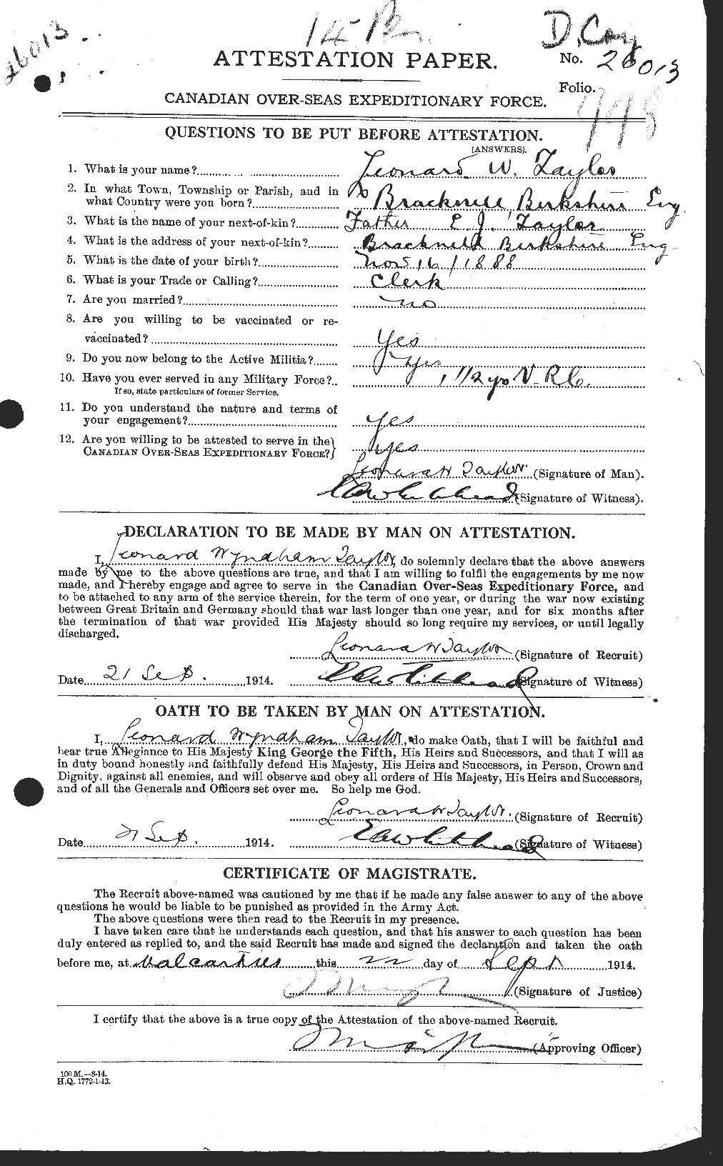 Dossiers du Personnel de la Première Guerre mondiale - CEC 627632a