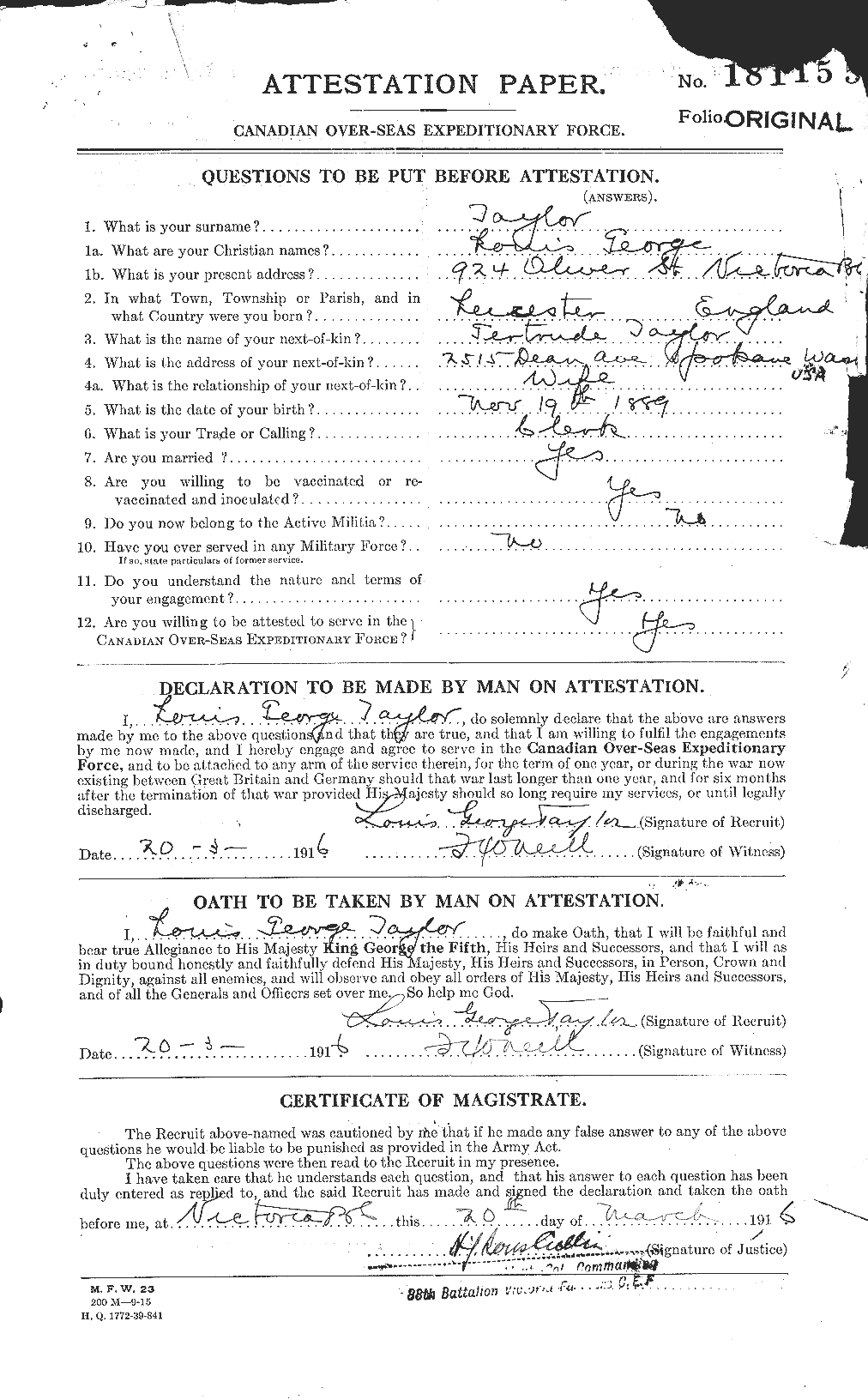 Dossiers du Personnel de la Première Guerre mondiale - CEC 627670a