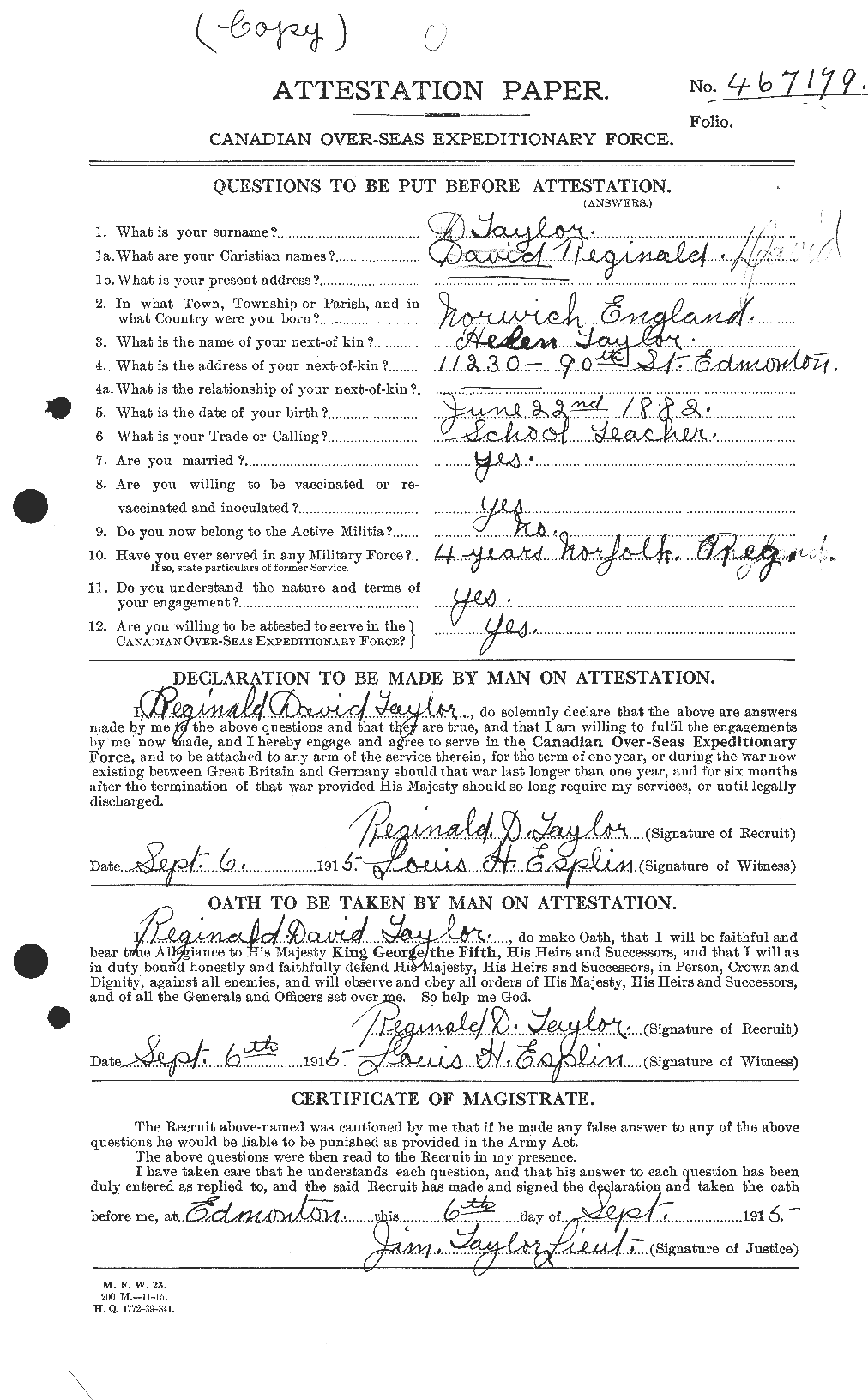 Dossiers du Personnel de la Première Guerre mondiale - CEC 627803a