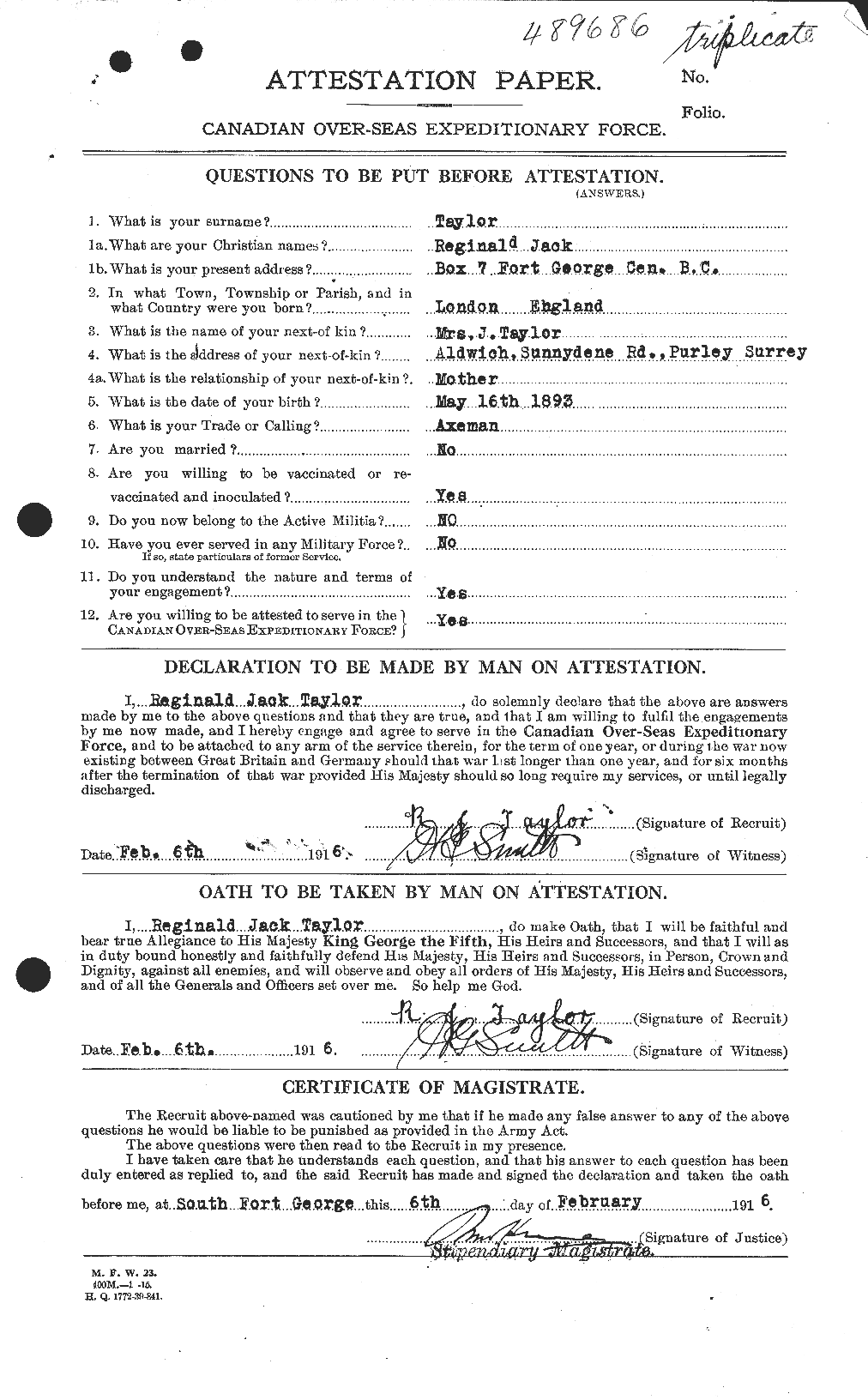 Dossiers du Personnel de la Première Guerre mondiale - CEC 627804a