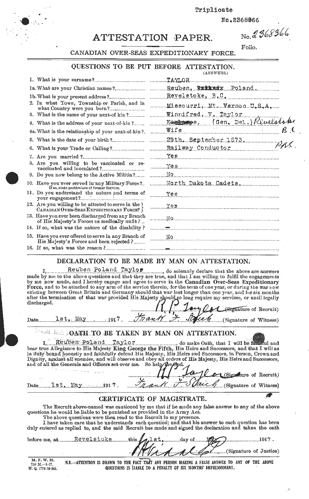Dossiers du Personnel de la Première Guerre mondiale - CEC 627811a