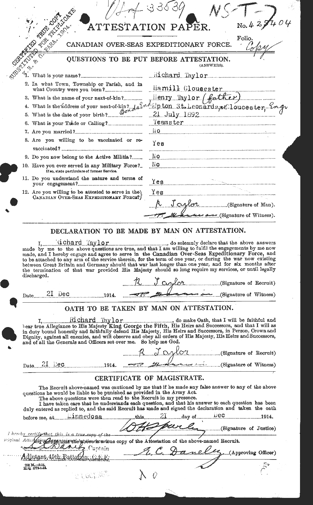 Dossiers du Personnel de la Première Guerre mondiale - CEC 627818a
