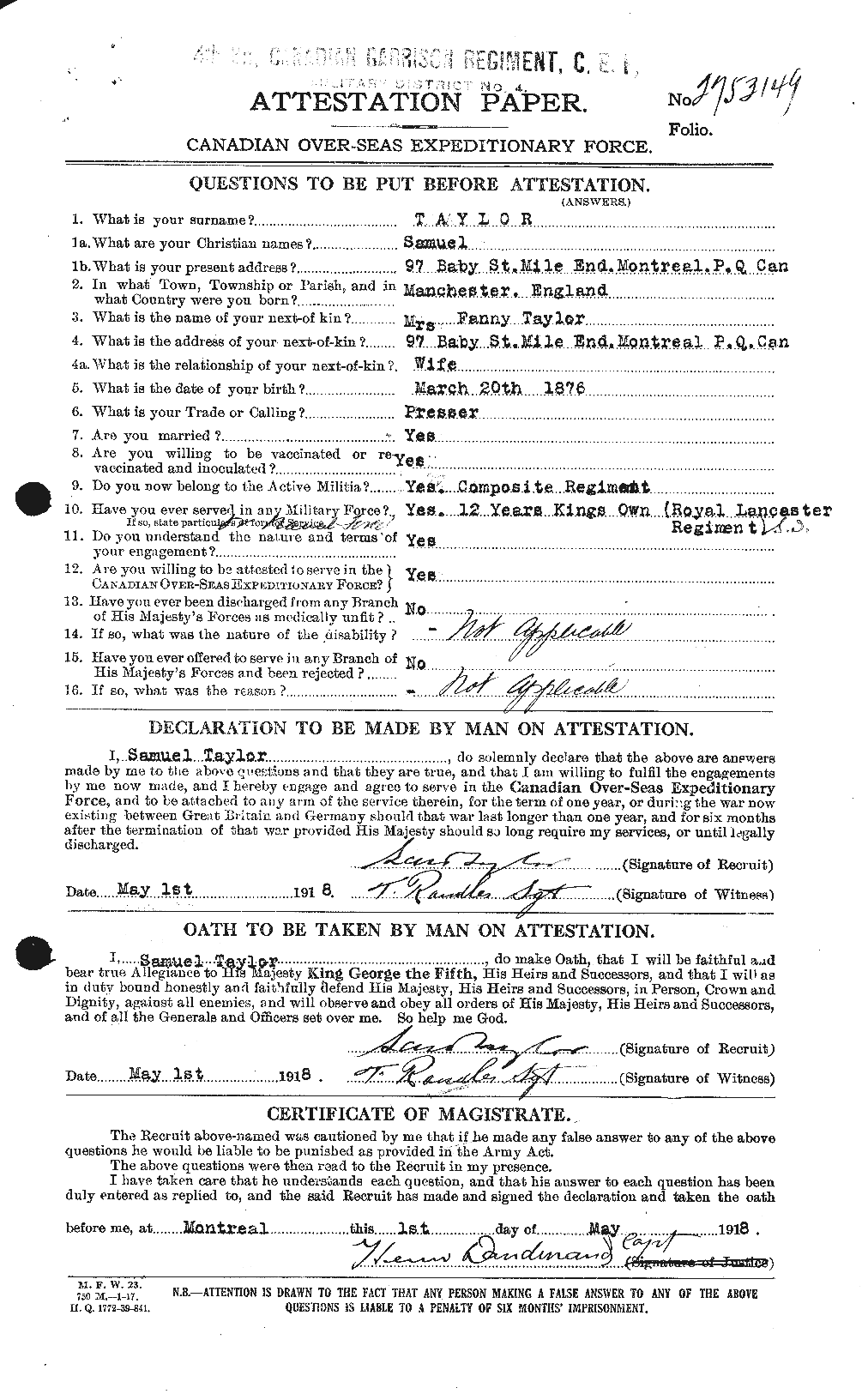Dossiers du Personnel de la Première Guerre mondiale - CEC 627865a