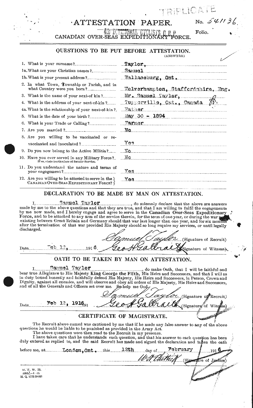 Dossiers du Personnel de la Première Guerre mondiale - CEC 627873a
