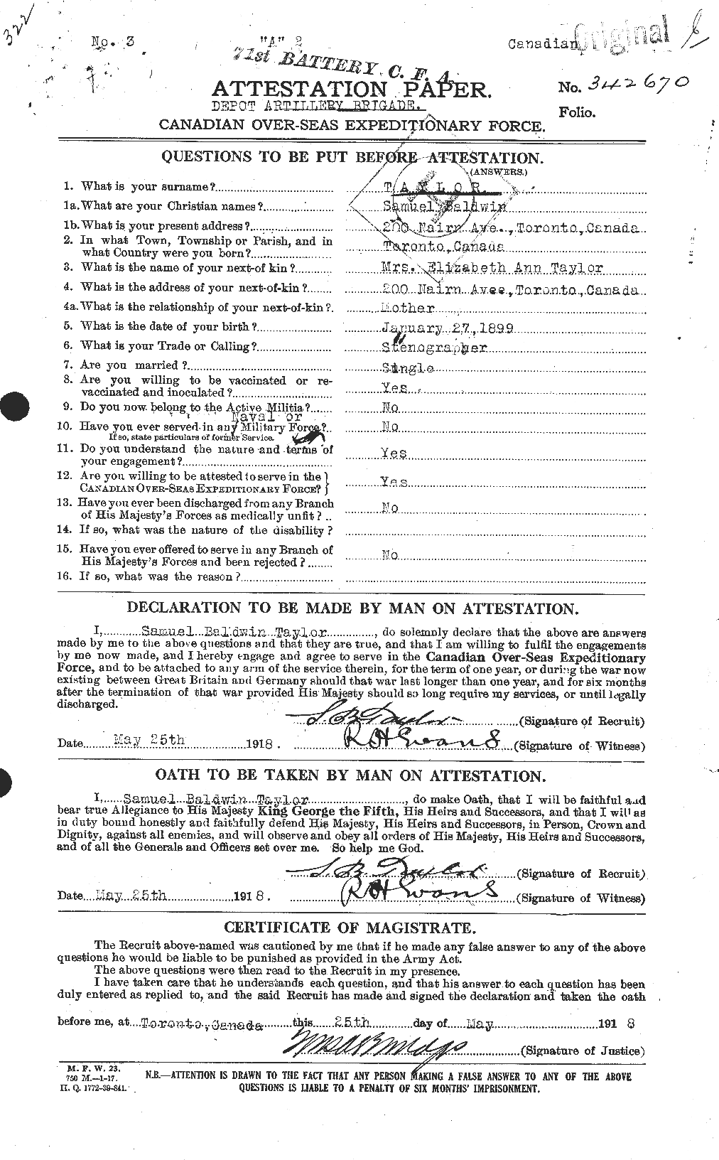 Dossiers du Personnel de la Première Guerre mondiale - CEC 627875a