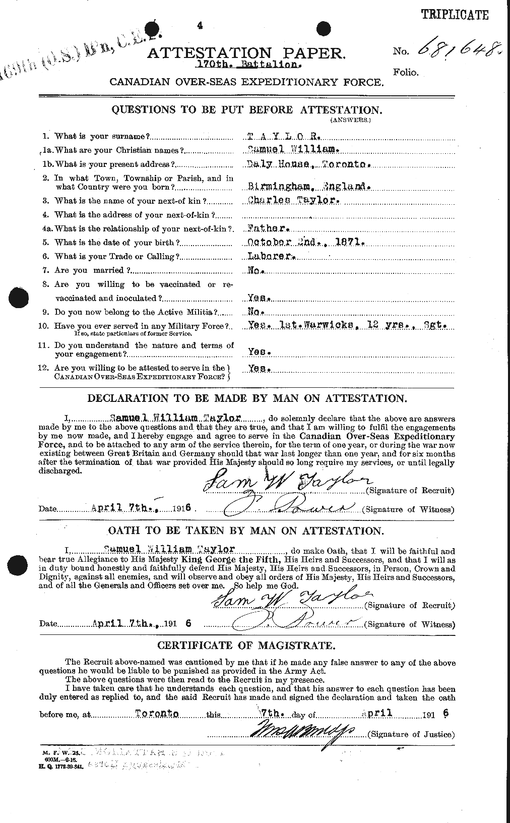 Dossiers du Personnel de la Première Guerre mondiale - CEC 627887a