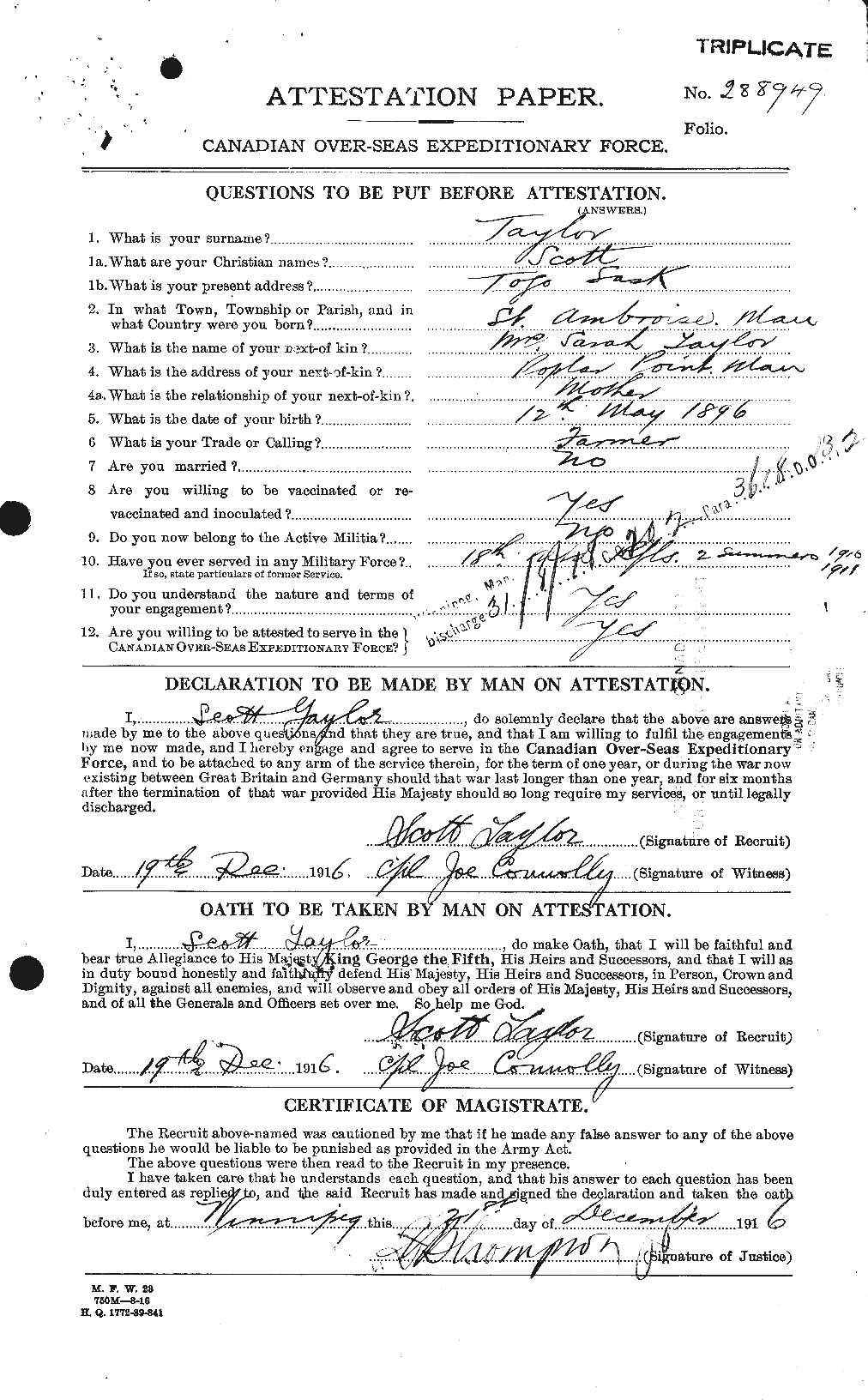 Dossiers du Personnel de la Première Guerre mondiale - CEC 627888a