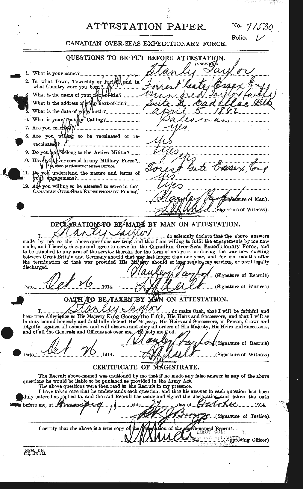 Dossiers du Personnel de la Première Guerre mondiale - CEC 627911a