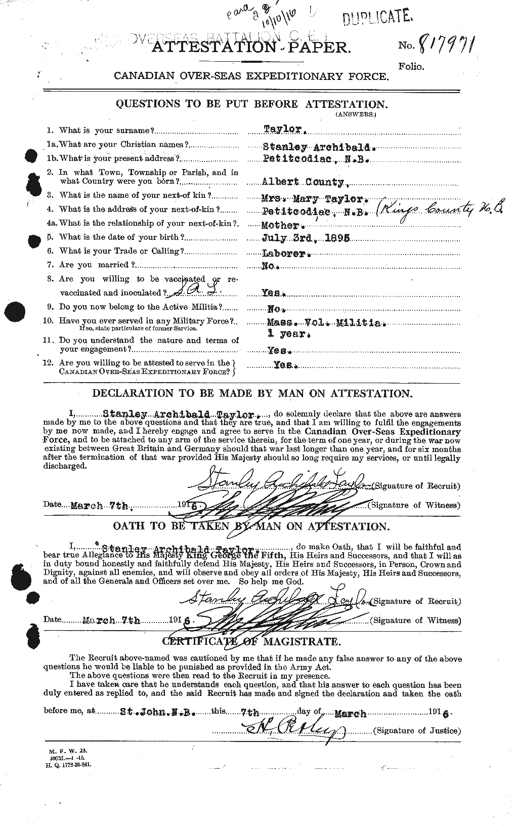 Dossiers du Personnel de la Première Guerre mondiale - CEC 627915a