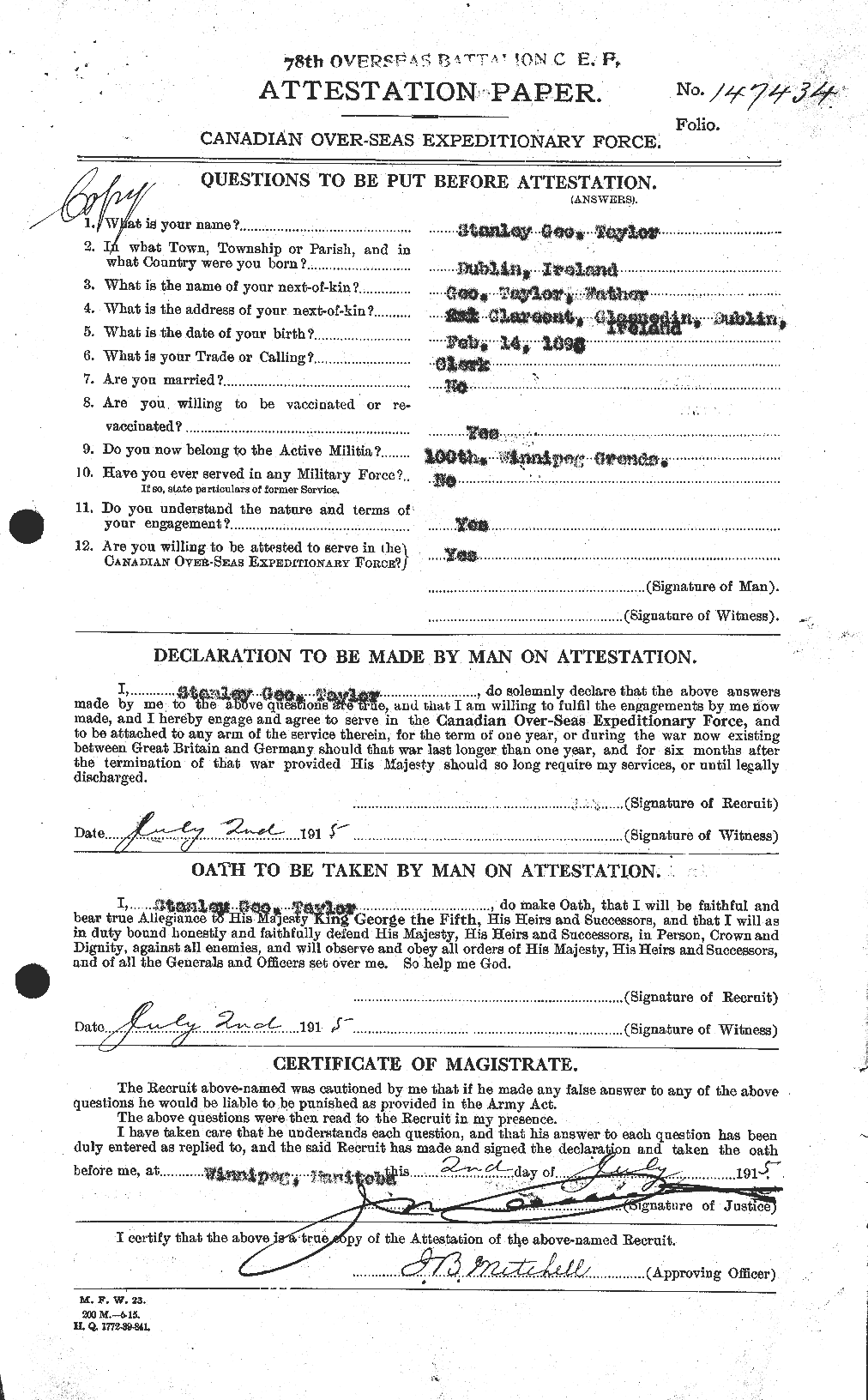 Dossiers du Personnel de la Première Guerre mondiale - CEC 627919a