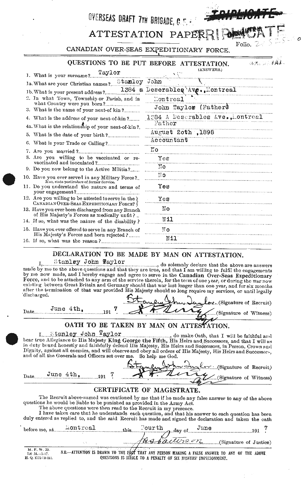 Dossiers du Personnel de la Première Guerre mondiale - CEC 627924a
