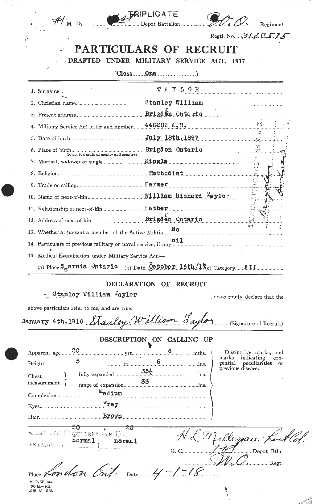 Dossiers du Personnel de la Première Guerre mondiale - CEC 627927a