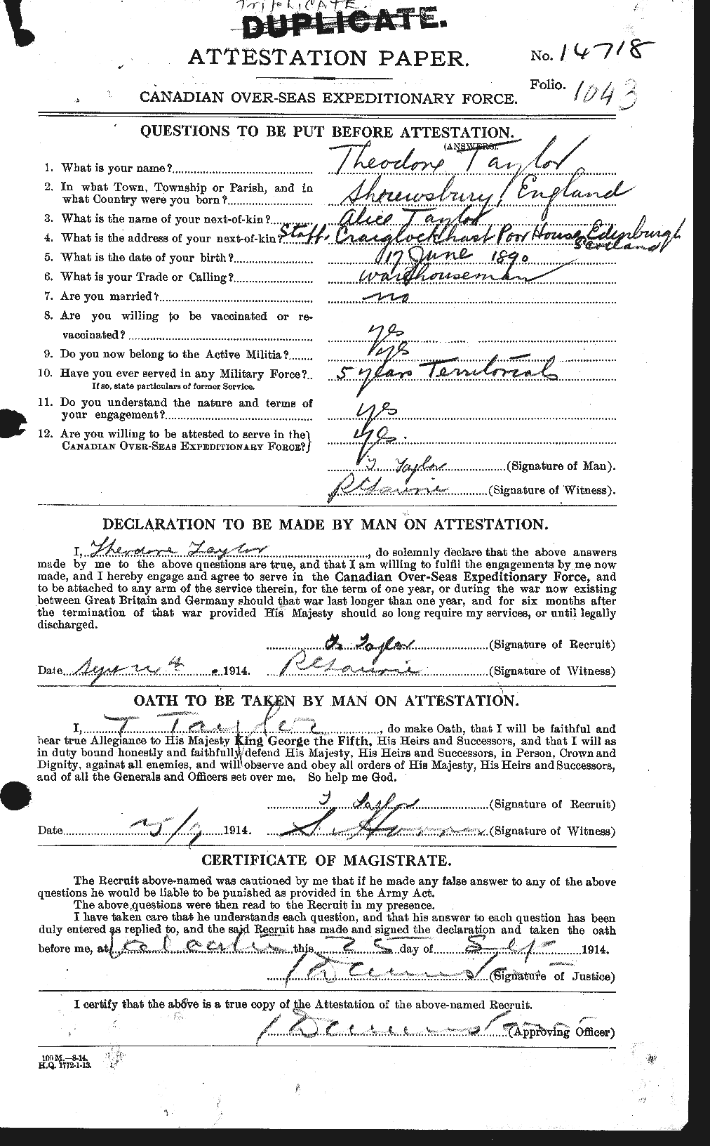 Dossiers du Personnel de la Première Guerre mondiale - CEC 627939a