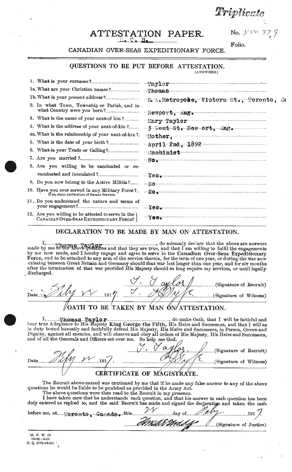 Dossiers du Personnel de la Première Guerre mondiale - CEC 627943a