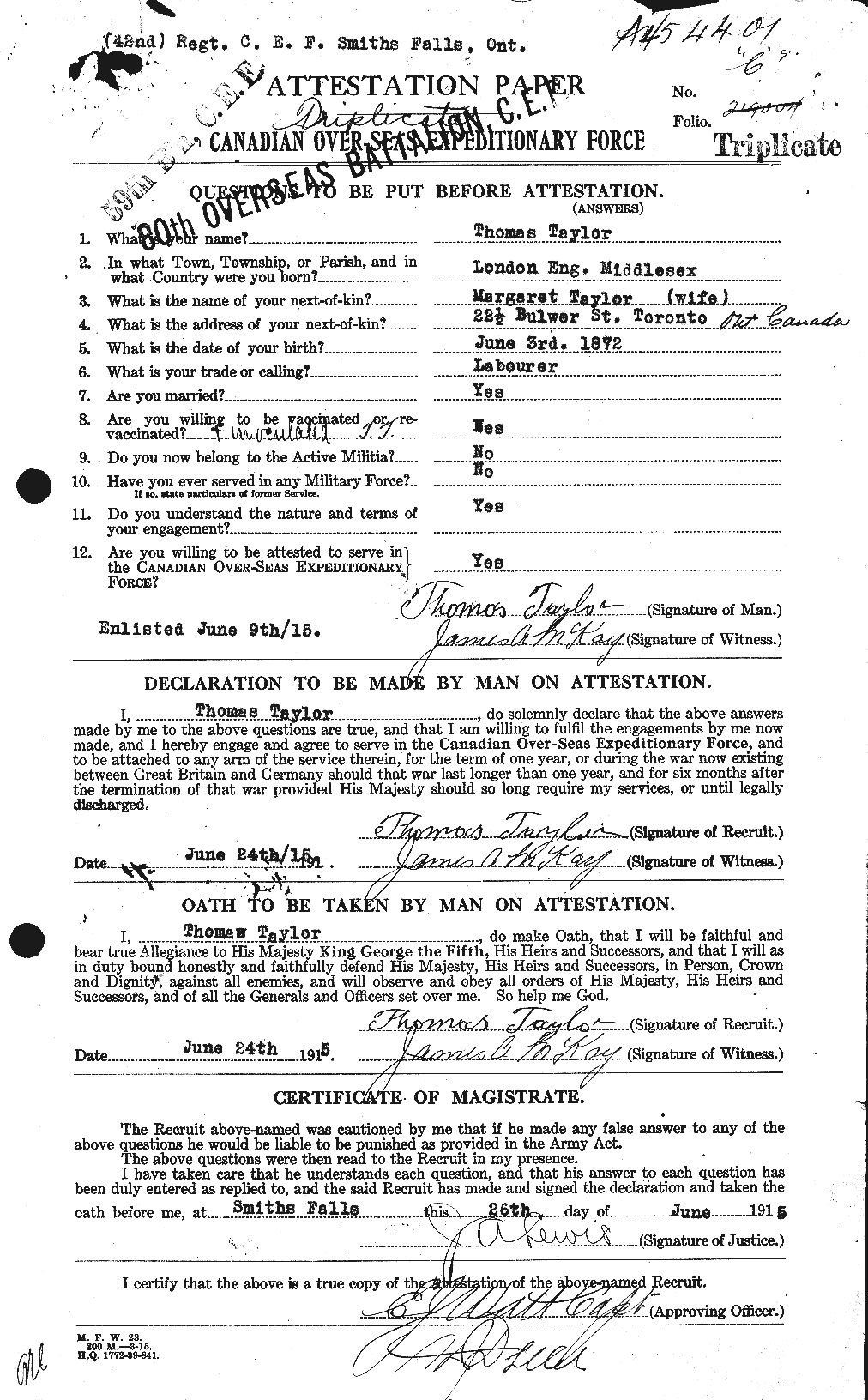 Dossiers du Personnel de la Première Guerre mondiale - CEC 627944a