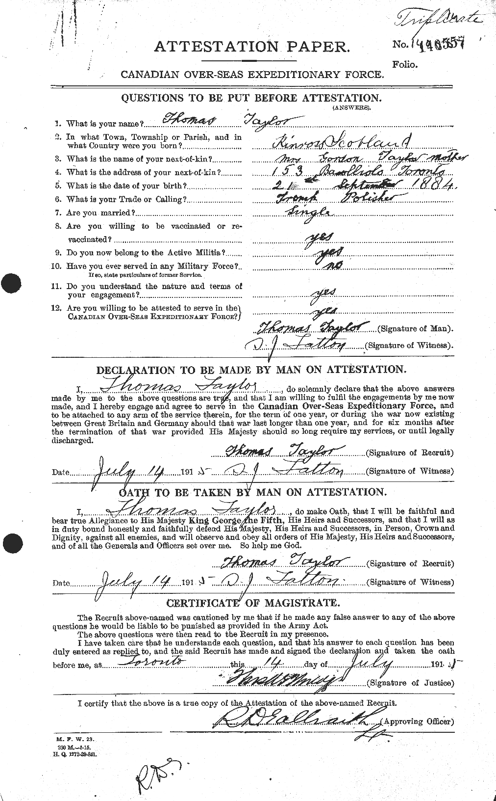 Dossiers du Personnel de la Première Guerre mondiale - CEC 627948a