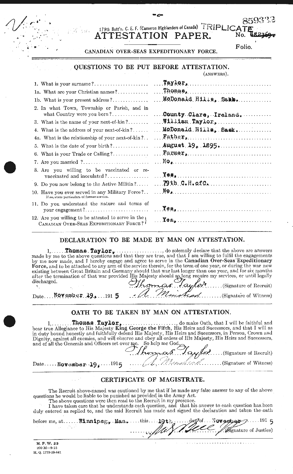 Dossiers du Personnel de la Première Guerre mondiale - CEC 627954a