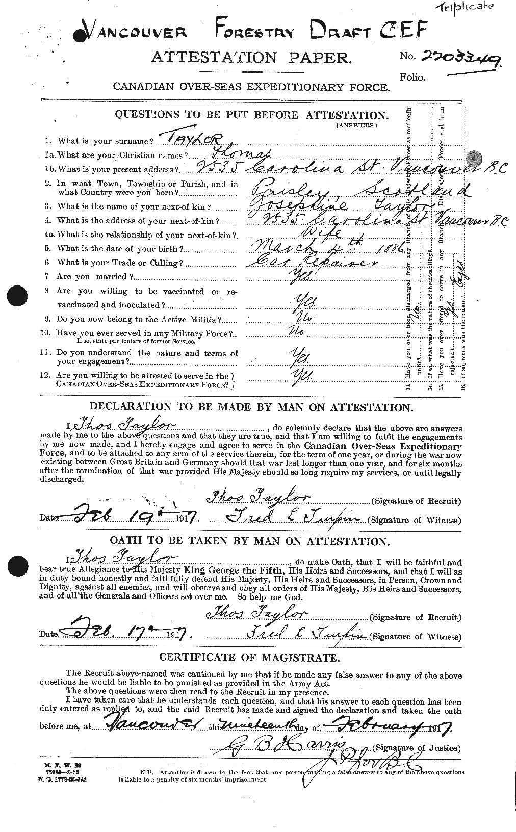 Dossiers du Personnel de la Première Guerre mondiale - CEC 627955a