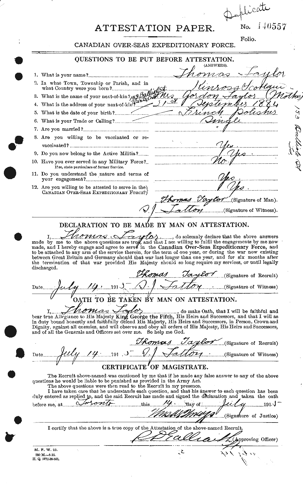 Dossiers du Personnel de la Première Guerre mondiale - CEC 627958a
