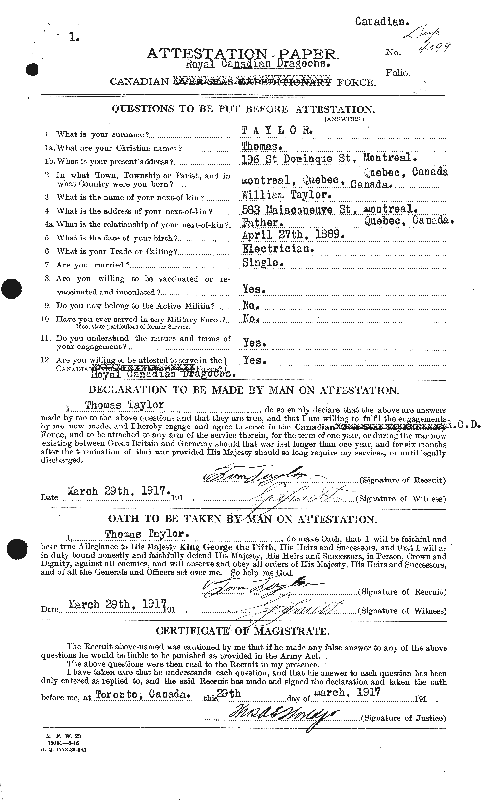 Dossiers du Personnel de la Première Guerre mondiale - CEC 627963a