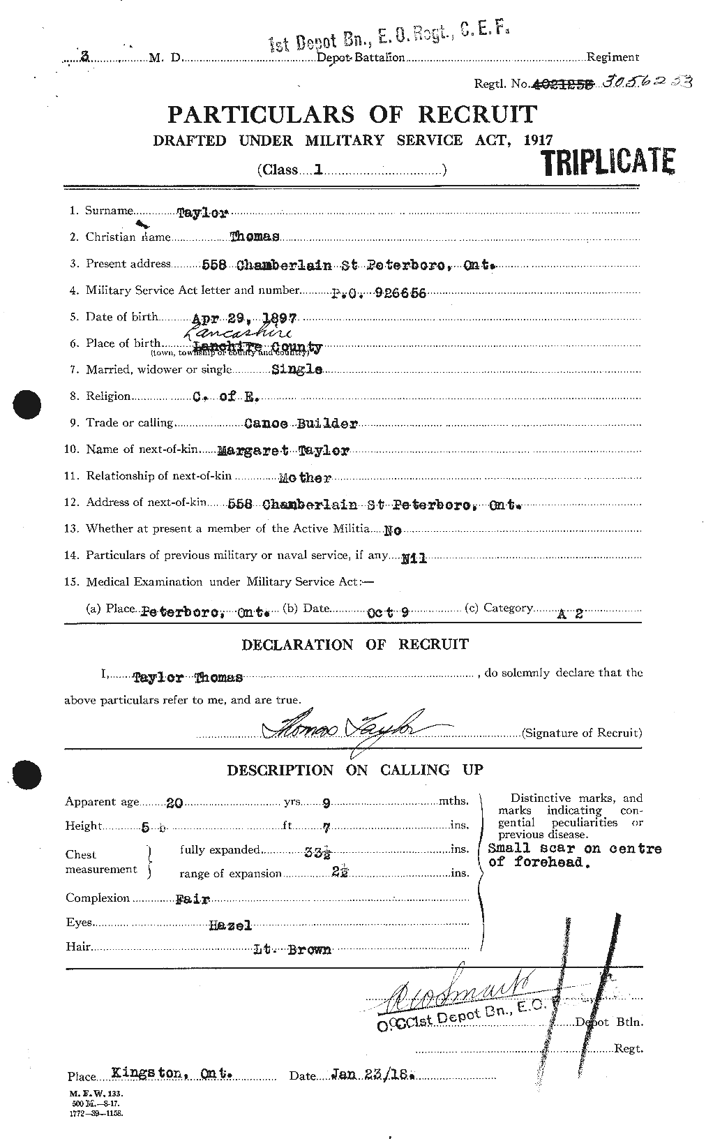 Dossiers du Personnel de la Première Guerre mondiale - CEC 627965a