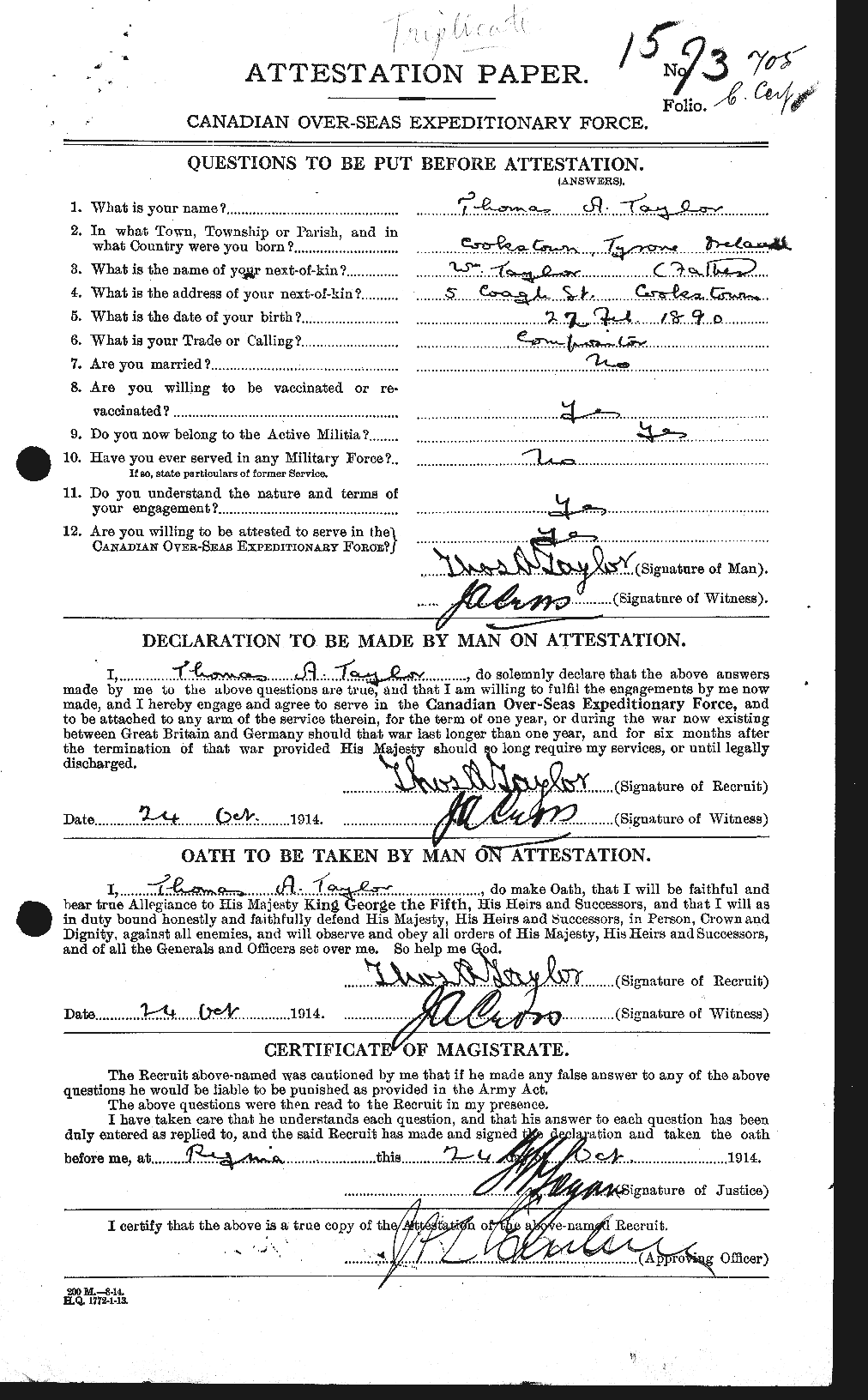 Dossiers du Personnel de la Première Guerre mondiale - CEC 627966a