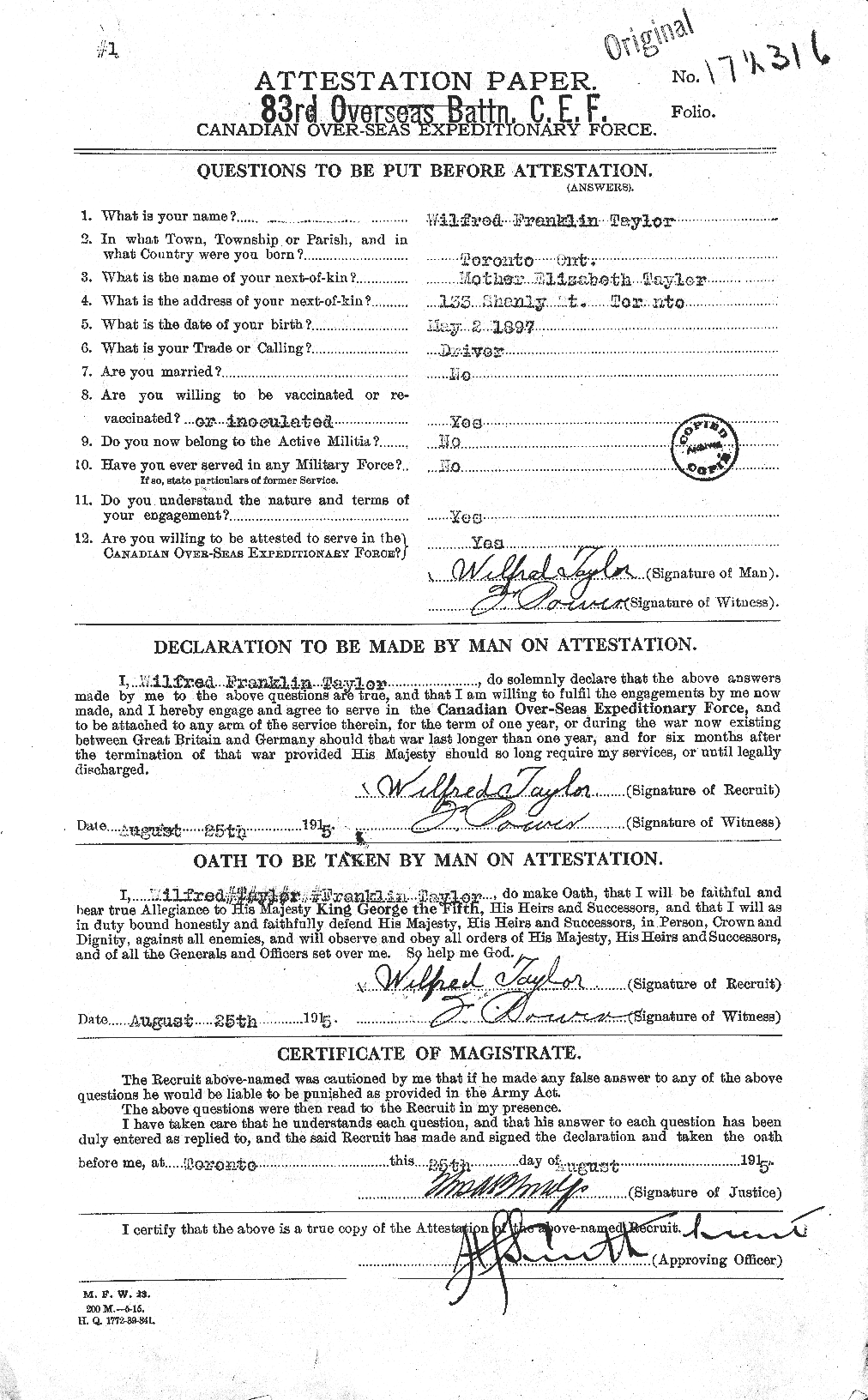 Dossiers du Personnel de la Première Guerre mondiale - CEC 628093a