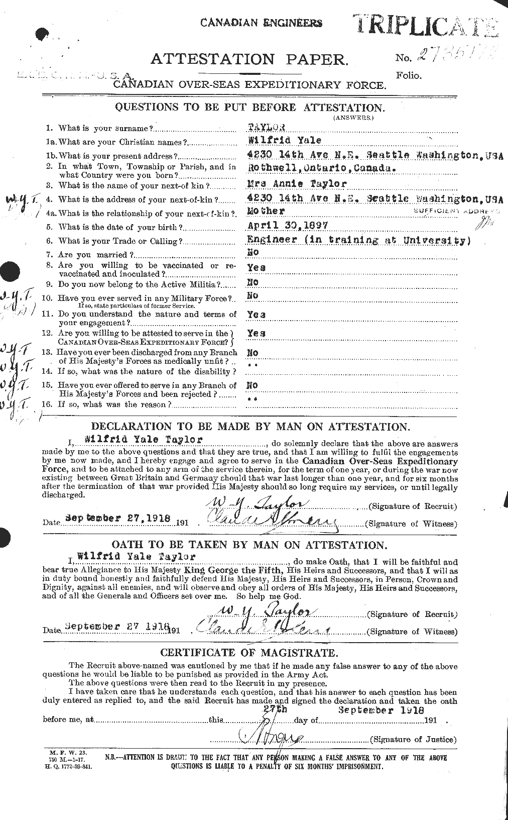 Dossiers du Personnel de la Première Guerre mondiale - CEC 628099a